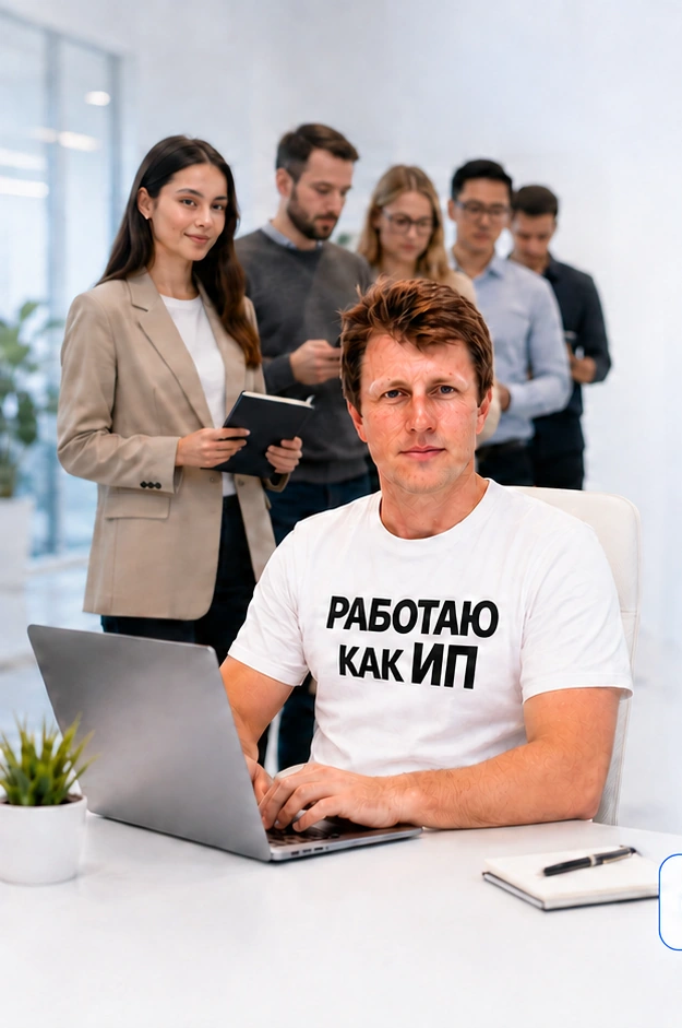 Команда и Владимир за ноутбуком